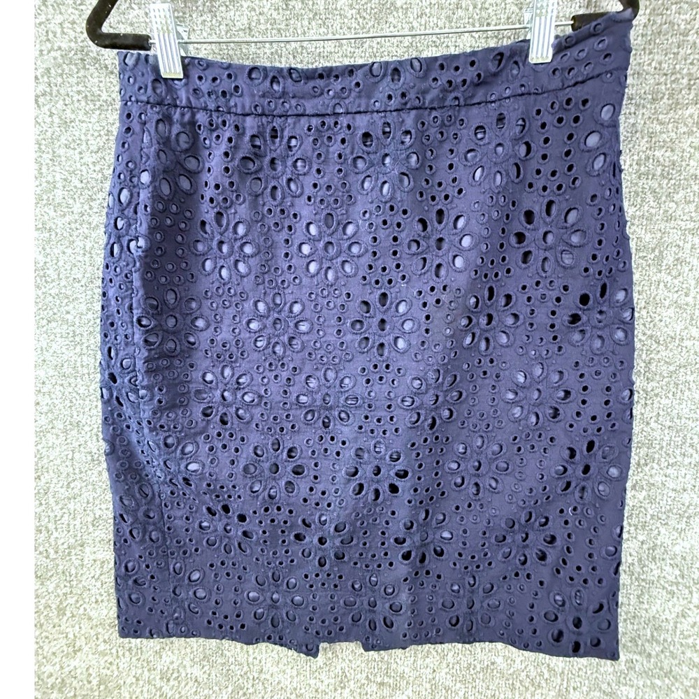 J.Crew Navy Blue Eyelet Lace Pencil Skirt Floral Cutout Lined Knee Length Fall